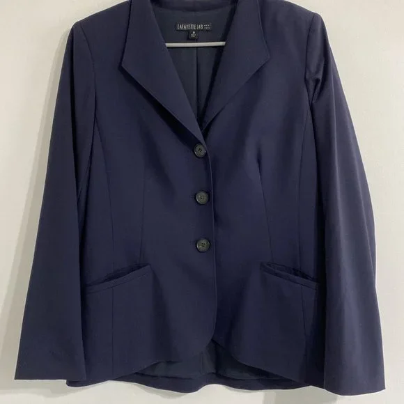 Lafayette 148 New York Blazer Womens 10 Blue Wool Blend Three Button Long Sleeve - Picture 2 of 8